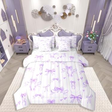 Imagem de Erosebridal Jogo de cama casal princesa com laço roxo e laço de coração de amor, 7 peças, para crianças, adolescentes e mulheres, conjunto de cama com listras roxas, estilo romântico, gravata