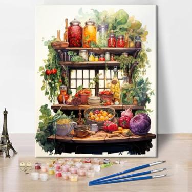 Imagem de TUMOVO Kit de pintura de vegetais por números para adultos iniciantes, frutas coloridas em um frasco de vidro, kits de tinta acrílica por números em tela, pintura a óleo para presente de parede de