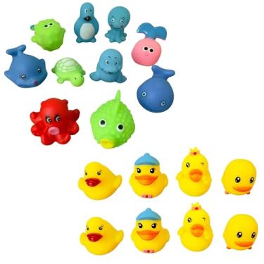 Imagem de Brinquedo Para Banho Bebê Vinil Macio Patinhos Animais Fundo Do Mar Aquáticos Para Banheira Piscina (18pçs: 10 bichinhos do fundo do mar + 8 patinhos c/ repetição)