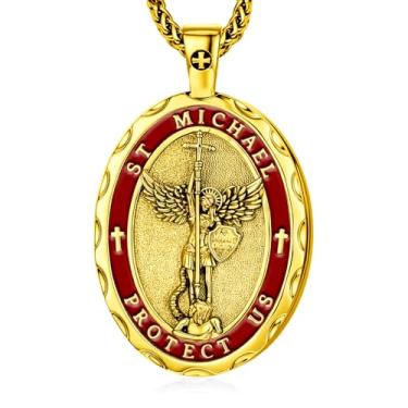 Imagem de Colar de medalhão oval de São Miguel, cobre banhado a ouro, pingente de 5 x 3 cm com corrente de 40 cm + 5 cm, medalha de oração de proteção religiosa, colares com pingente de cruz religiosa com