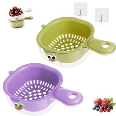 Imagem de Cesta de drenagem de camada dupla de cozinha com alça, mini coador de frutas e escorredor de vegetais para baga e tomate uva (roxo + verde)