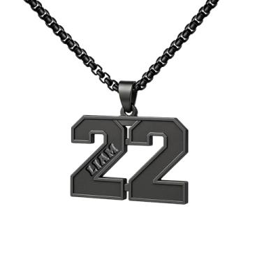 Imagem de Ldurian Colar com nome de número personalizado, pingente de corrente de número esportivo para homens, colares de nome de atletas personalizados 00-99 preto presente de aço inoxidável para homens