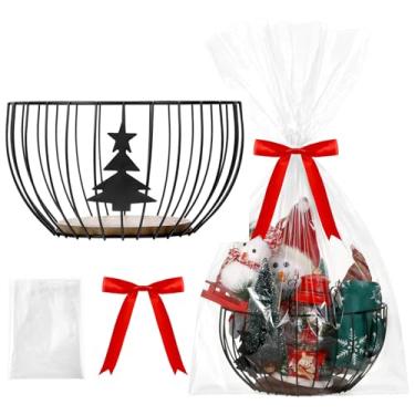 Imagem de Threehoney Conjunto de cestas de presente de Natal vazias de metal – cesta de 30 cm com saco de presente transparente e laço vermelho para encher biscoitos doces de chocolate para mulheres, festas de