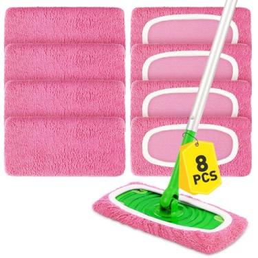 Imagem de 8 peças de almofadas de esfregão reutilizáveis rosa, almofadas de esfregão de microfibra compatíveis com vassoura Swiffer, panos de varrer secos e refil de almofadas molhadas laváveis para chão