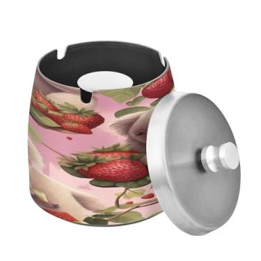 Imagem de Blueangle Cinzeiro de dois coalas morangos com tampa para cigarros, à prova de vento/chuva, aço inoxidável, sem fumaça, inodoro, cinzeiro para uso interno ou externo (99)