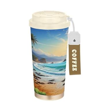 Imagem de SEHANY Caneca de viagem Summer Sea Beach Starfish 482 g Copos de café reutilizáveis revestidos de cerâmica com tampa à prova de vazamento, parede dupla, isolamento a vácuo, copo de café de aço