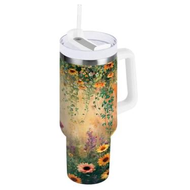 Imagem de ATTX Copo de flores aquarela de 850 g com alça, copo de aço inoxidável a vácuo de parede dupla com palha, caneca de café de viagem isolada #360