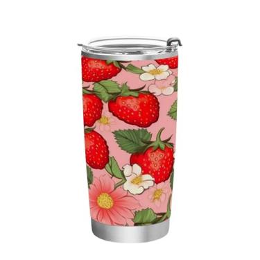 Imagem de Blueangle Copo de 590 ml com tampa e canudo, copo de café com água isolada a vácuo de aço inoxidável, caneca de viagem com padrão de morango, copo térmico para bebidas quentes e frias (101)