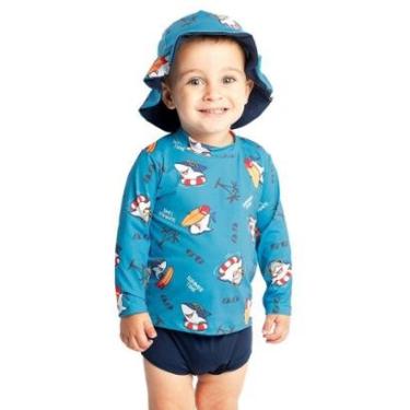 Imagem de Conjunto Praia Bebê e Infantil Proteção UV com Chapéu Tubarão de Férias Marinho Diju-Masculino