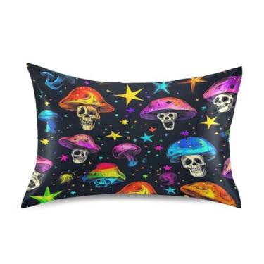 Imagem de Blueangle Fronha de cetim com caveiras de cogumelos coloridos para cabelo e pele, tamanho padrão (51 x 66 cm) - Capas de almofada de cetim com fecho de envelope (274)