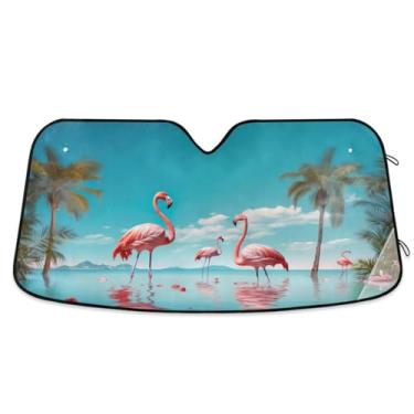 Imagem de ATTX Para-brisa de carro flamingos rosa tropical 144.8 cm x 80.0 cm escudo solar universal com proteção UV, persiana de janela frontal automática dobrável para caminhões Sedans SUVs #888