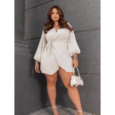 Imagem de Vestido Curto Feminino Plus Size Elegante Envelope Amarração Decote V 