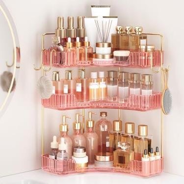 Imagem de Kinkota Organizador de balcão de banheiro de canto com 3 andares, bancada com ganchos, organizadores de perfume, prateleira de armazenamento para maquiagem e cuidados com a pele - rosa