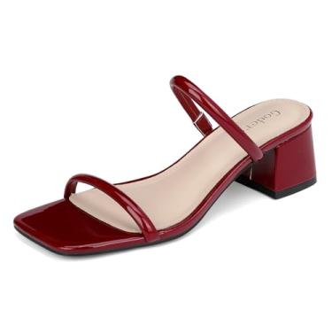 Imagem de Goderci Sandália feminina de salto baixo com bloco grosso, duas tiras, bico aberto, sem cadarço, salto mule, Borgonha, 38