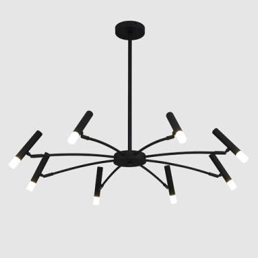 Imagem de Lustre moderno de metal preto com 8 lâmpadas para hall de entrada, estilo industrial de meados do século XX, lustre Sputnik contemporâneo para pé-direito alto, ideal para sala de jantar.