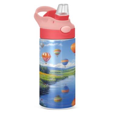 Imagem de xigua Balões de ar quente coloridos garrafa de água infantil com canudo – copo de aço inoxidável à prova de vazamento de 340 g para esportes, creche