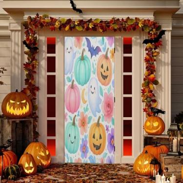 Imagem de Wassud Decoração de capa de porta de abóboras coloridas de Halloween faixa interna externa decoração de casa de varanda grande decoração de porta da frente 96 x 98 polegadas