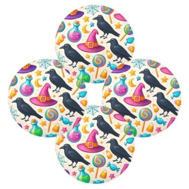 Imagem de Wassud Jogo americano conjunto de 4 chapéus de bruxa coloridos tapetes de mesa redondos para cozinha e jantar tapetes laváveis resistentes ao calor decoração de mesa 39 cm