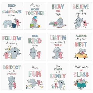 Imagem de Feuid Gniea Pôster 12 peças, 100 dias de escola, porco, elefante, impressão, decoração de sala de aula, gráfico de regras, pôsteres educativos de aprendizagem para crianças, crianças, presente de