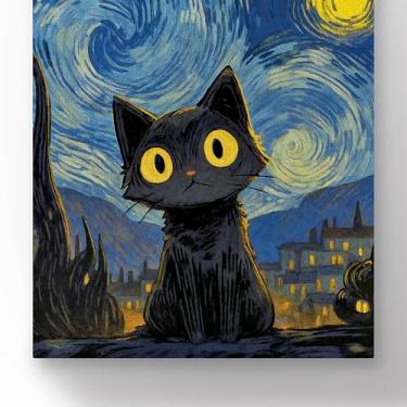 Imagem de quadro canvas decorativo gato preto céu estrelado arte estilo van gogh pintura em tela 90x60 cm decoracao parede moderna impressao detalhada elegante