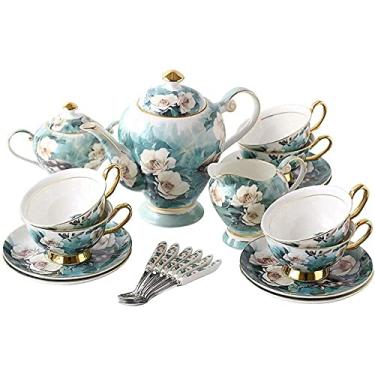 Imagem de LMJYU Bule de chá estilo tribunal japonês, conjunto de chá com bule de chá, conjunto de xícaras de café, conjuntos de chá de porcelana para chá da tarde, flores azuis, açucareiro, colheres de jarro de
