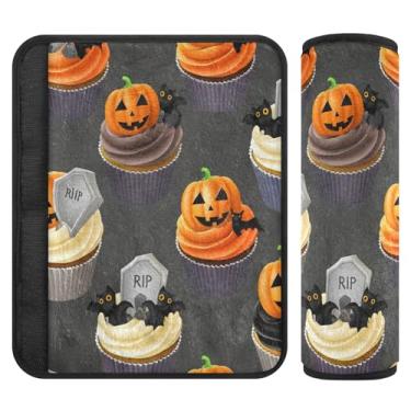 Imagem de Burbuja Capa para cinto de segurança de carro Cupcakes com tema de Halloween macio e confortável protetor de cinto de segurança de carro para alça de ombro de assento, 1 par médio