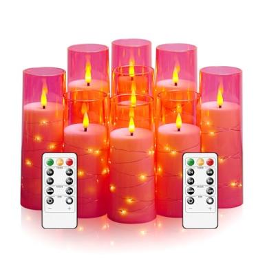 Imagem de kakoya Velas de LED sem chama com temporizador, 9 peças, velas cintilantes sem chama para ambiente romântico e decoração de casa, revestimento de acrílico estável, com corda de estrela embutida, velas