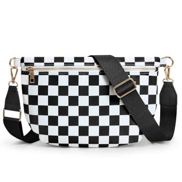 Imagem de KALIDI Bolsas transversais quadriculadas para mulheres, pochetes de viagem planas para mulheres e homens, bolsa transversal de nylon, bolsa moderna para cinto, Xadrez preto
