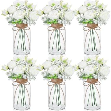 Imagem de Zeyune 6 conjuntos de vasos de vidro vintage com peônia artificial, buquês de flores, centro de mesa, decoração de casa de fazenda para casamento, arranjo floral, festa, decoração de mesa de casa