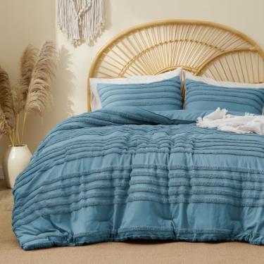 Imagem de BEDELITE Conjunto de edredom Boho King Size - Conjunto de cama listrado tufado azul empoeirado, 3 peças, edredom vintage macio para todas as estações, decoração de casa boho, roupa de cama jacquard