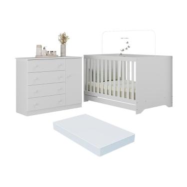 Imagem de Berço Americano 3 Em 1 Com Colchão Incluso E Cômoda 1 Porta 4 Gavetas Encanto Multimóveis MP4695 Branco
