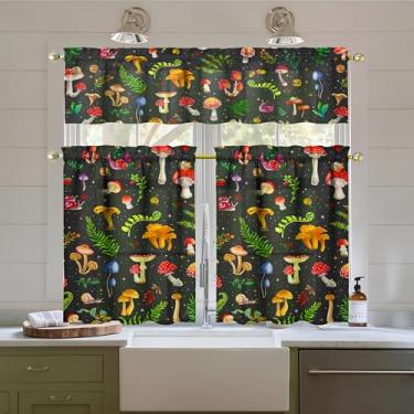 Imagem de Tapesb Conjunto de 3 peças de cortinas e sanefas de cozinha de cogumelos para janelas de cozinha, decoração de casa de fazenda, decoração sobre pia 69,8 x 91,4 cm