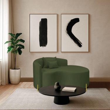 Imagem de Divã Recamier Curvo Sala De Estar Recepção Inglaterra 150cm Pés Metal Dourado Lado Direito Linho Verde