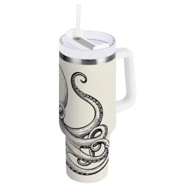 Imagem de ODAWA Copo grande com isolamento térmico de parede dupla, polvo vintage de aço inoxidável com canudo e alça