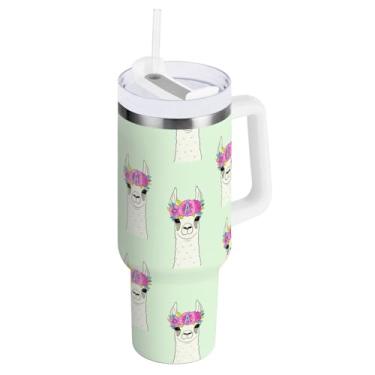 Imagem de ODAWA Caneca grande e fofa com isolamento floral de lhama com canudo e alça, copo isolado a vácuo