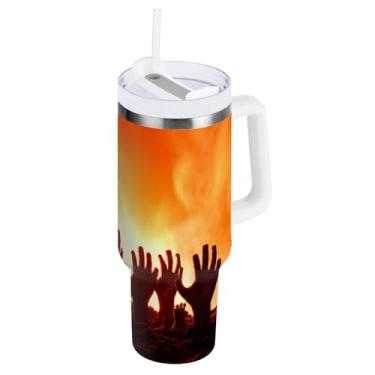 Imagem de ODAWA Copo de água grande Terror isolado à mão com tampa e canudo, copo de aço inoxidável isolado a vácuo com tampa 2 em 1