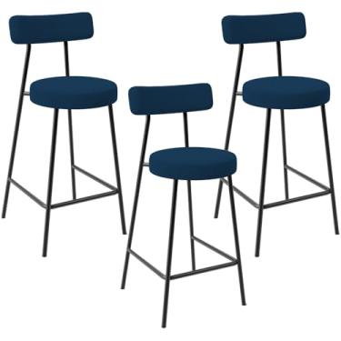 Imagem de Kit 03 Banquetas Baixa Bar Cozinha Sala De Jantar Em Aço Milão L02 Suede Azul Marinho - Lyam Decor