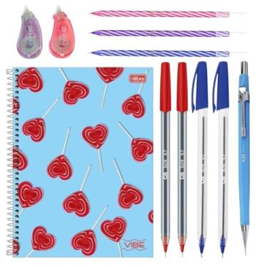 Imagem de Kit Escolar com 10 Itens Conjunto Caderno Canetas Lapiseira Colorido Feminino Prático Corretivo