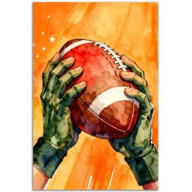 Imagem de TOCDGOO Pôster de aquarela de futebol americano - Arte de parede inspiradora sem moldura, 40,6 x 61 cm, mãos segurando futebol americano, impressão em tela para fãs de esportes, sala de jogos