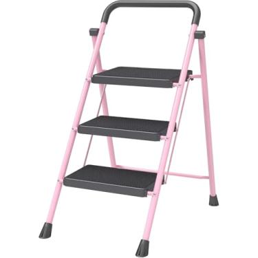 Imagem de Banqueta rosa dobrável em 3 degraus – Banqueta dobrável resistente para adultos, capacidade de 226 kg, pés antiderrapantes e degraus largos, estrutura de aço resistente, design leve e econômico para