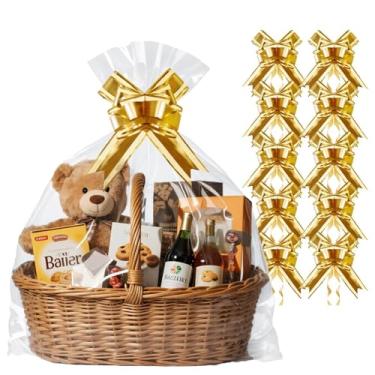 Imagem de PigPotParty Pacote com 10 sacos de celofane com 10 laços, embalagem grande de celofane de 76 cm x 101 cm para cestas de presente, sacos de presente de plástico transparente resistente a rasgos para