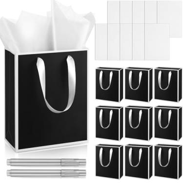 Imagem de Yeaqee Pacote com 10 sacos metálicos para presente de papel com alças de papel de seda Thank You 5 Senses Gift Bag for His Her Birthday Christmas Baby Shower Groomsmen Bridal Favor 23 x 18 cm (preto