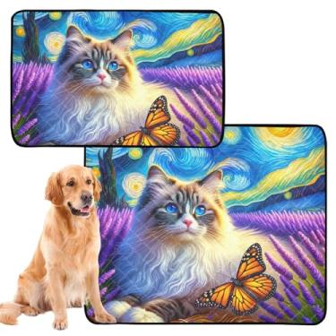 Imagem de Cute Cat Starry Night Lavanda Pet Pee Pads para cães, tapetes reutilizáveis para animais de estimação, tapetes à prova d'água, antiderrapante, tapete absorvente, médio + grande, conjunto de 2