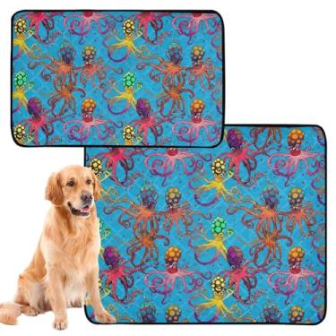 Imagem de Almofadas coloridas de polvo azul oceano lavável reutilizável para animais de estimação, tapete impermeável para cercadinho absorvente para cães, médio + grande, conjunto de 2