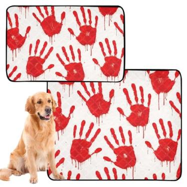 Imagem de Almofadas de xixi laváveis e reutilizáveis para gatos de estimação com impressões de mãos vermelhas almofadas de parto com estampa branca absorvente à prova d'água tapete de gaiola de cachorro fofo