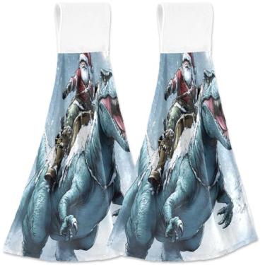 Imagem de TSENQUE Toalhas de cozinha personalizadas de Natal T Rex Papai Noel para pendurar no outono conjunto de 2, toalhas de mão de cozinha absorventes macias decorativas, 46 x 35 cm