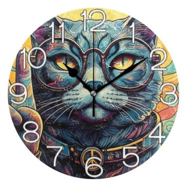 Imagem de GAIGEO Relógio de parede analógico colorido de gato animal de desenho animado decorativo escritório cozinha relógio operado a bateria, arte de parede boho decoração de casa, 25 cm, ponteiros dourados