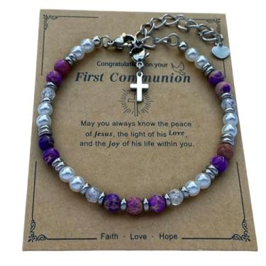 Imagem de DOLON Pulseira de primeira comunhão com contas de 4 mm com pingente de cruz de aço inoxidável, presente de Páscoa para filha, neta, irmã, Medium, Pedra, Sem Pedra Preciosa