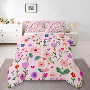 Imagem de jejeloiu Conjunto de cama floral, macio, para meninos e meninas, tamanho casal, fazenda, jardim, edredom de microfibra, fofo, rosa, hibisco, 3 peças com 2 fronhas