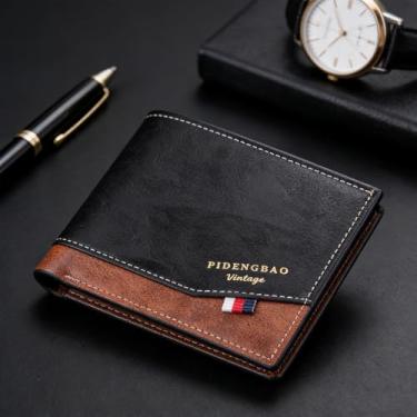 Imagem de Carteira masculina retrô dobrável de couro PU para homens com fina, carteiras modernas para dinheiro e cartões, carteiras masculinas marrons para presente, Preto, Retrô